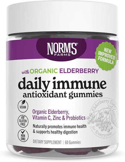 Norm's Farms Daily Immune Elderberry Gummies - Vitamin C, Zinc & Probiotics - Vegan, Gluten Free, Kosher, Non-GMO - 60 Gummies