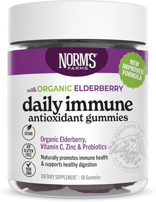 Norm's Farms Daily Immune Elderberry Gummies - Vitamin C, Zinc & Probiotics - Vegan, Gluten Free, Kosher, Non-GMO - 60 Gummies