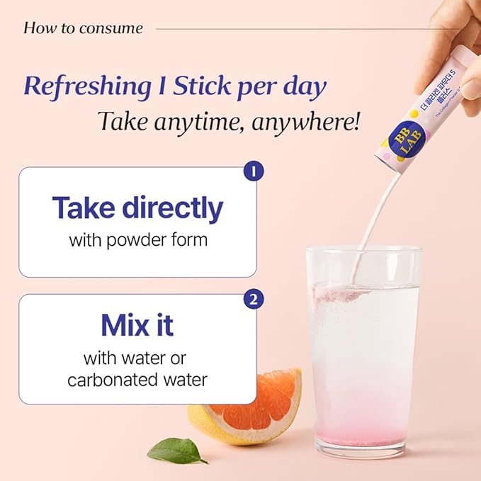 BB LAB Collagen Powder S Plus Halal, Low Molecular Korean Collagen Powder Stick Supplement, Marine, Fish Collagen Peptides, Vitamin C, Glycine, Fast Absorption, Grapefruit Flavor
