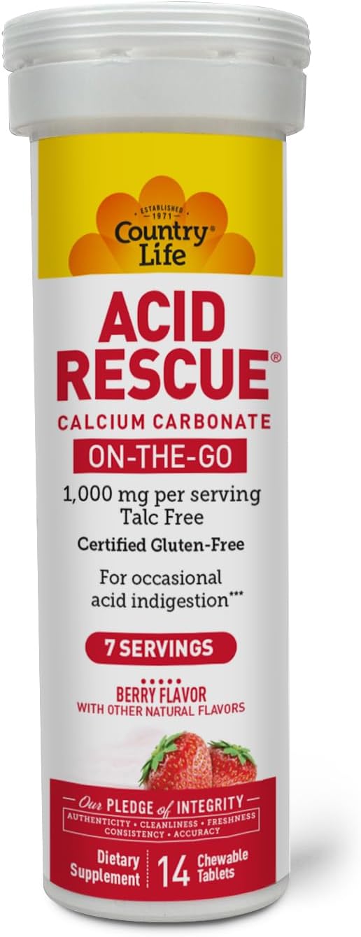 Country Life Acid Rescue On-The-Go Chewable Tablets - Certified Vegan & Gluten-Free Heartburn Relief, 400mg Calcium & Magnesium, Non-GMO, Sugar-Free Berry Flavor, Supports Bone Health, 8 Pack