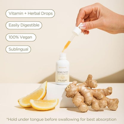 Immunity Support Herbal & Vitamin Tincture Drops – Immunity Booster with Vitamin C, D3, K2 & Powerful Adaptogens – Lemon Ginger Flavor, 30-Day Supply