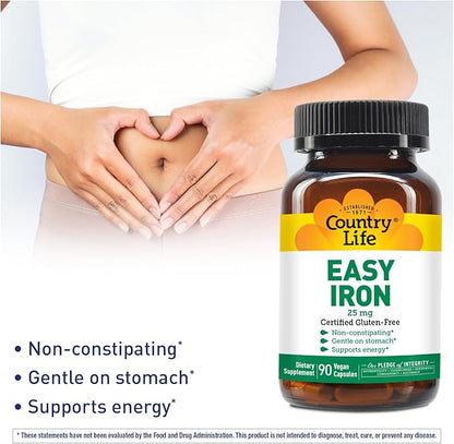 Country Life Easy Iron 25mg Capsules - Gentle Non-Constipating Ferrochel - Vegan Vitamin Supplement for Women & Men - Supports Body Energy - Multivitamin with Iron