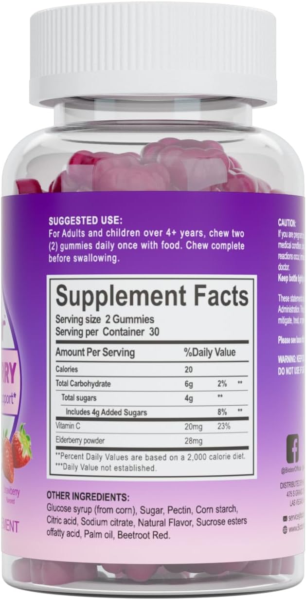 Natural Elderberry Gummies, Daily Immune Support Gummies with Vitamins C for Adults and Children Ages 4 Up, Gluten Free Vegan Elderberry Supplement (Strawberry, 60 Count)