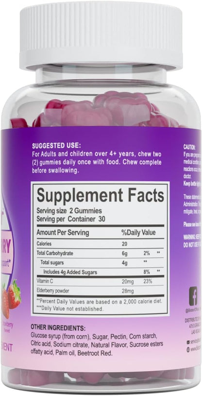 Natural Elderberry Gummies, Daily Immune Support Gummies with Vitamins C for Adults and Children Ages 4 Up, Gluten Free Vegan Elderberry Supplement (Strawberry, 60 Count)
