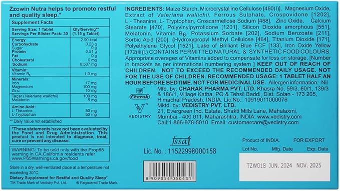 Zzowin Sleep Support Supplement – 5mg Melatonin, Valerian Root, Magnesium for Deep Sleep & Relaxation 30 Tablets | Natural Sleep Aid, Non-Habit Forming | Improve Sleep Quality | Pack of 1