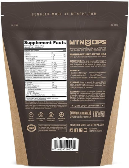 MTN OPS Hot Ignite Instant Coffee Nootropic & L-Arginine L-Citrulline for Cognitive Clarity, Mental Focus & Nitric-Oxide Boost | 200mg Caffeine per Serving, 30 Servings | Mountain Mocha