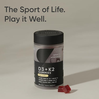 Sports Research® Vegan Vitamin D3 + K2 Gummy Supplements - 5000iu Vitamin D with 100mcg Mk7 Vitamin K - Supports Calcium for Stronger Bones & Immune Health - 60 Gummies for Adults, for Women, 1 Month