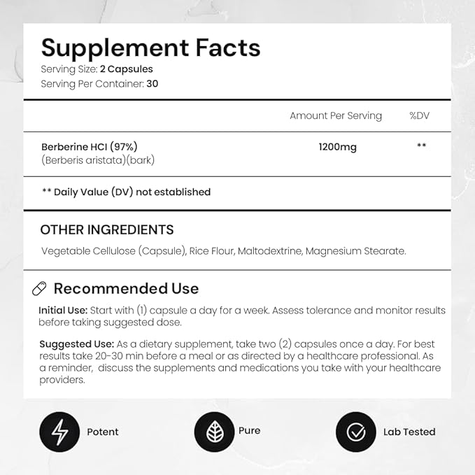 ACEWORKZ Premium Berberine HCL 1200mg - 97% Tested Purity - Berberine Supplement - Supports Weight Management, Craving Control, Heart Health & Gut Health (60 Capsules)