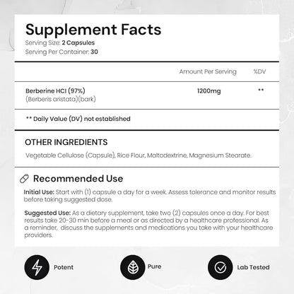 ACEWORKZ Premium Berberine HCL 1200mg - 97% Tested Purity - Berberine Supplement - Supports Weight Management, Craving Control, Heart Health & Gut Health (60 Capsules)