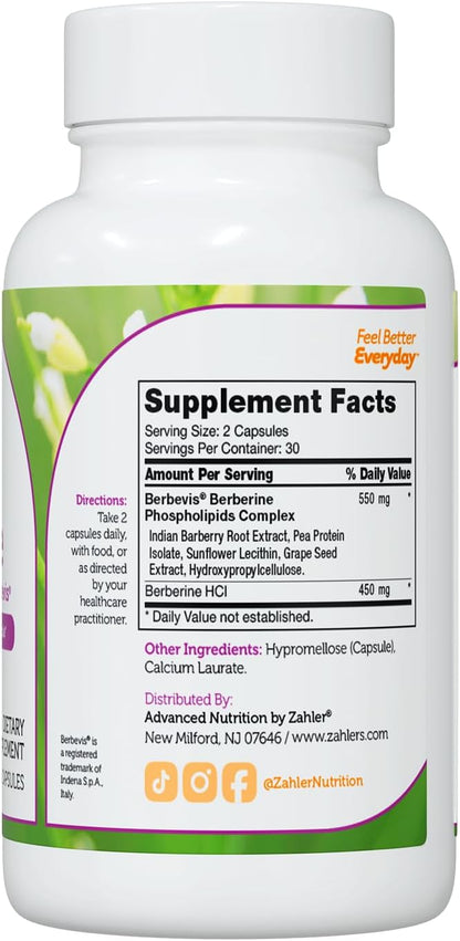 Berberine with Clinically Evaluated Berbevis, Metabolism and Glucos Support Formula, 60 Capsules.