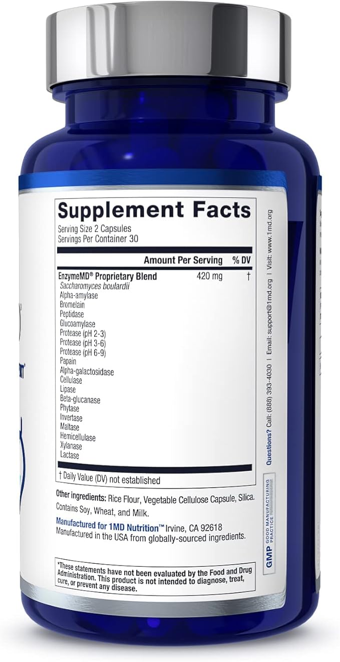 1MD Nutrition EnzymeMD - Digestive Enzymes Supplement - Doctor Formulated | 18 Plant-Based Enzymes - Gas & Bloating Support | 60 Capsules