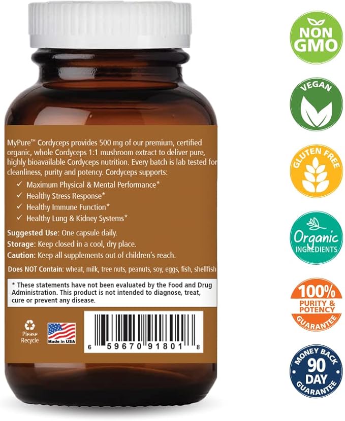 PURE ESSENCE LABS MyPure Cordyceps - Organic Mushroom Supplement - 100% Real Mushroom Extract - Best for Immune Support, Stress Relief, Build Energy for Adult Men and Women (30 Capsules)