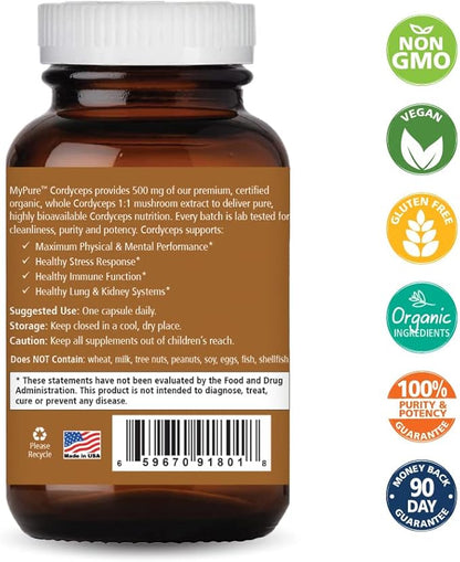 PURE ESSENCE LABS MyPure Cordyceps - Organic Mushroom Supplement - 100% Real Mushroom Extract - Best for Immune Support, Stress Relief, Build Energy for Adult Men and Women (30 Capsules)