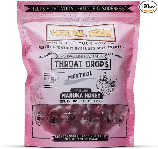 Vocal Eze Manuka Honey Strawberry UMF 10+ (MGO 265+) Menthol Cough Drops (120) | Lozenges for Sore, Hoarse, Fatigue, Dryness of Throat | Voice Support, All Natural and Organic Ingredients