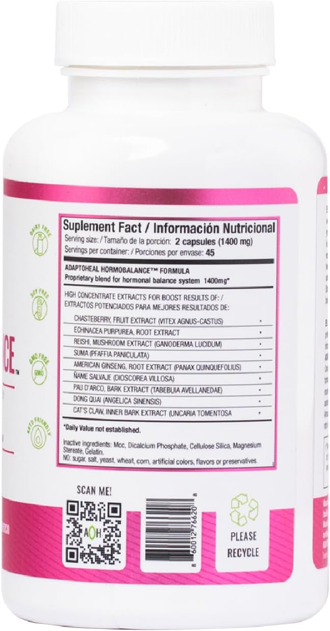 Hormone Balance for Women - Adaptogens Supplement - Vitex, Ginseng and Cat’s Claw – Vegan, Gluten and Dairy Free (90 Capsules)