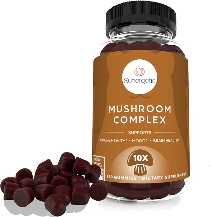 Sunergetic Premium Mushroom Gummies Supplement -for Immune Health, Brain, Mood & Stress Support - Mushroom Blend with Lions Mane, Chaga Extract, Reishi, Turkey Tail, Cordyceps (120 Gummies)