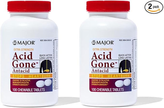 Major Acid Gone Extra Strength Antacid Chewable Tablets - Anti-Acid Relief - Acid Reflux Medicine for Adults - Upset Stomach, Acid Indigestion, and Heartburn Relief - Long-Lasting - 100-Count (2 Pack)