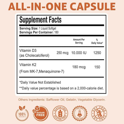 Vitamin D3 10,000 IU + K2 (MK7) Supplement, 2-in-1 Formula, Immune Support, a Healthy Mood, Heart, Joint, Teeth, Bone Health, Calcium Absorption, 180 softgels. (1)