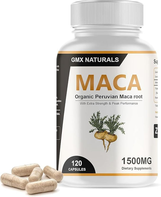 Organic Maca Root Powder Capsules 1,500mg for Men & Women - Capsule Contains Black, Red, Yellow Maca Root Extract - 95% Piperine from Black Pepper - Made with Peruvian Maca - 120 Count