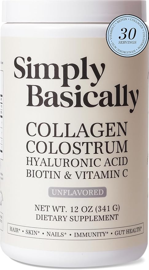 Collagen & Colostrum Powder Enhanced with Biotin, Hyaluronic Acid, Vitamin C | Grass-Fed | Immune & Gut Health Skin Hair Nails Supplement 30 Servings Powder