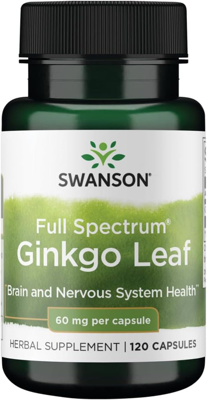 Swanson Full-Spectrum Ginkgo Leaf Brain Memory Support Nervous System Health 60 Milligrams 120 Capsules