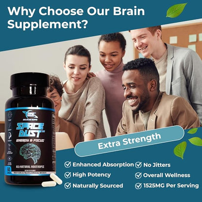 Space Dust Brain Supplement for Memory, Focus & Energy – Nootropic for Brain Fog, Cognitive Support & Eye Health – Brain Health & Reaction Time Booster for Gamers, Men & Women