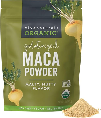Viva Naturals Organic Maca Powder - Gelatinized Maca Powder for Easier Digestion, Vegan and Kosher Peruvian Superfood - Certified USDA Organic, Gluten-Free & Non-GMO, 1 lb Resealable Bag