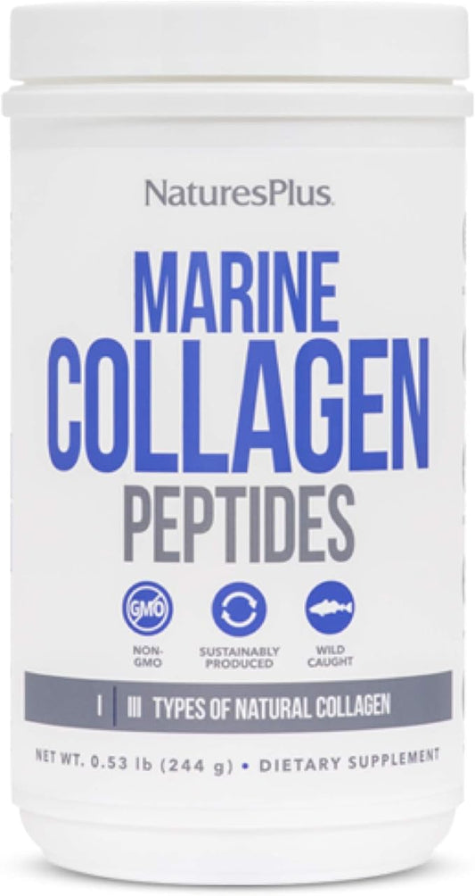 Natures Plus Marine Collagen Peptides, Unflavored - 0.54 lb - Hair, Skin, Nail & Joint Health, Immune System Support - Gluten Free, Non-GMO - 20 Servings