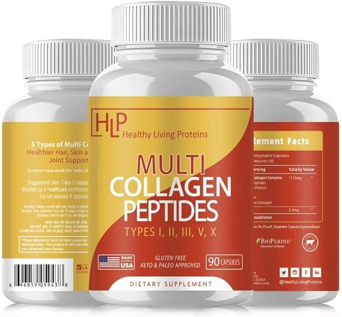 Healthy Living Proteins | Multi Hydrolyzed Collagen Peptides Type I, II, III, V, & X | Ground Beef Grass Fed, Whole Chicken, Egg White Protein | Keto, Paleo, Gluten Free | Capsules (90 Count)