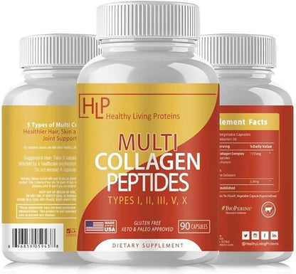 Healthy Living Proteins | Multi Hydrolyzed Collagen Peptides Type I, II, III, V, & X | Ground Beef Grass Fed, Whole Chicken, Egg White Protein | Keto, Paleo, Gluten Free | Capsules (90 Count)