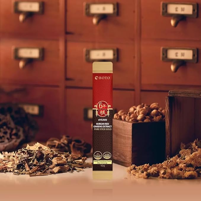 BOTO 6 Years Korean Red Ginseng Gold Extract Natural Energy Supplements Nitric Oxide Brain Natural Immune Support Liquid Portable Sticks 30 Sachet for 1 Month