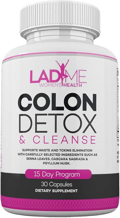 Pure Colon Cleanse & Detox 15 Day Program - Herbal Laxative Constipation Relief with Psyllium Husk, Cascara Sagrada & Senna Leaves - Special Women Intestinal Cleanser by Ladyme - 30 Capsules