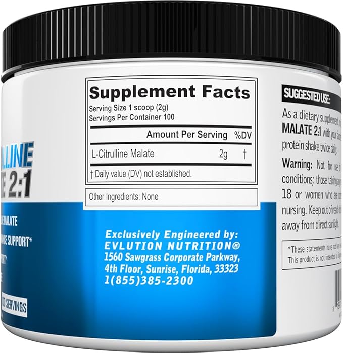 Evlution Nutrition L-Citrulline Malate 2:1-200mg L-Citrulline Malate - Workout Performance Support - Vasodilation Support - Dietary Supplement - Vegan & Gluten Free - 100 Servings - Unflavored
