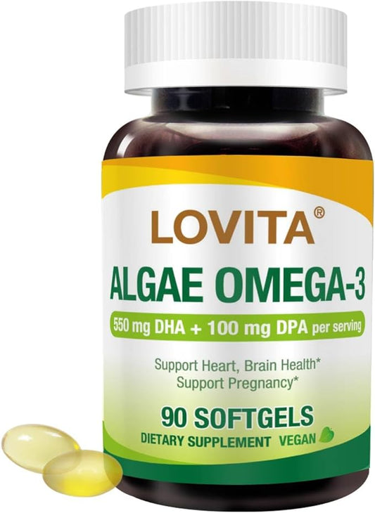 Lovita Algae Omega-3, Vegan and Plant-Based DHA & DPA, Fish Oil Alternative, 1000mg Algae Oil, Support Heart and Brain Health, Carrageen-Free, 90 Softgels