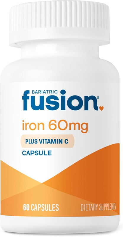 Bariatric Fusion Iron Supplement 60mg with Vitamin C | Easy to Swallow Capsule | Ferrous Fumarate Vitamins for Women and Men | Gluten, Dairy and Soy Free | Non-GMO | 60 Count