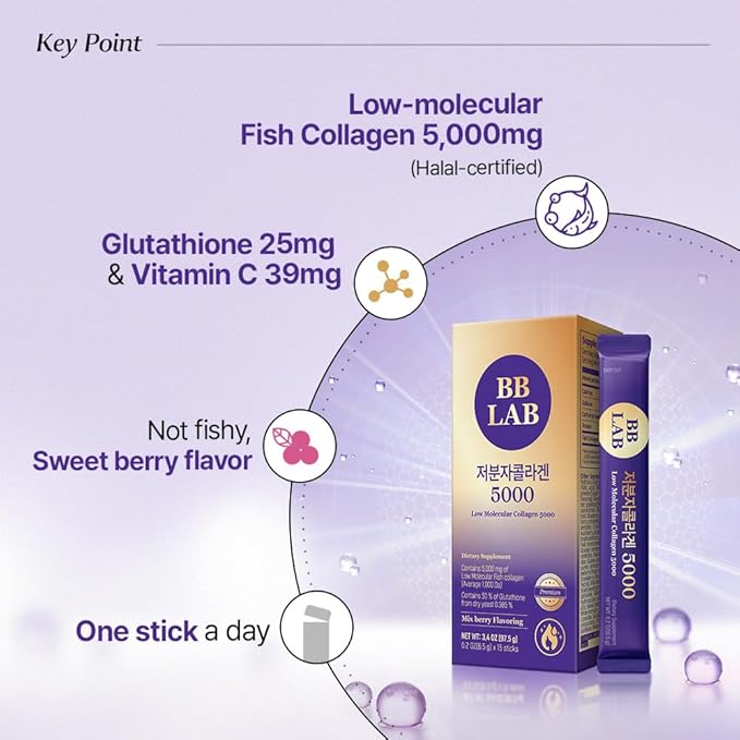 BB LAB Low Molecular Collagen 5000, Powder Type Korean Marine Collagen, Fish Collagen Peptides, Hyaluronic Acid, Elastin, Glutachione, Vitamin C, Fast Absorb, Mix Berry Flavor