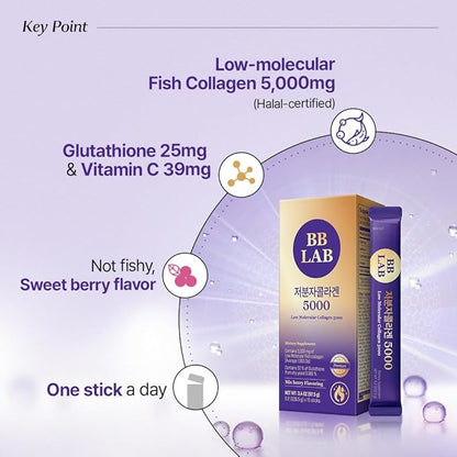 BB LAB Low Molecular Collagen 5000, Powder Type Korean Marine Collagen, Fish Collagen Peptides, Hyaluronic Acid, Elastin, Glutachione, Vitamin C, Fast Absorb, Mix Berry Flavor