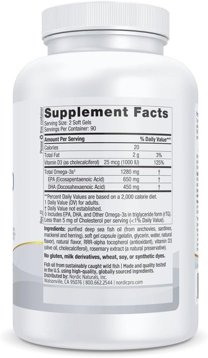 Nordic Naturals ProOmega-D, Lemon Flavor - 180 Soft Gels - 1280 mg Omega-3 + 1000 IU D3 - High-Potency Fish Oil - EPA & DHA - Brain, Eye, Heart, & Immune Health - Non-GMO - 90 Servings