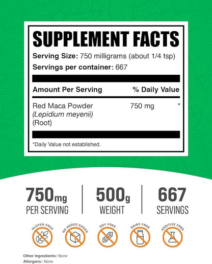 BulkSupplements.com Red Maca Powder - Maca Supplement. Red Maca Powder for Women & Men, Red Maca Root Powder - Vegan & Gluten Free, 750mg per Serving, 500g (1.1 lbs) (Pack of 1)