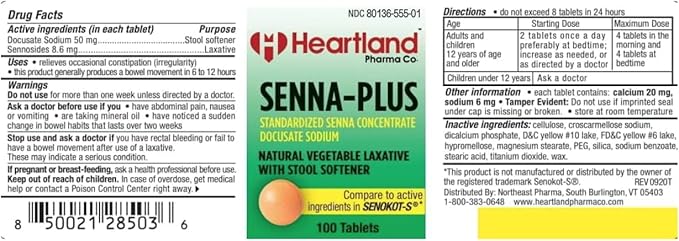 Senna-Plus Natural Vegetable Sennoside Laxative | Natural Vegetable Laxative | Gentle Overnight Constipation Relief | Docusate Sodium Stool Softener | 100 Tablets