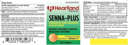 Senna-Plus Natural Vegetable Sennoside Laxative | Natural Vegetable Laxative | Gentle Overnight Constipation Relief | Docusate Sodium Stool Softener | 100 Tablets