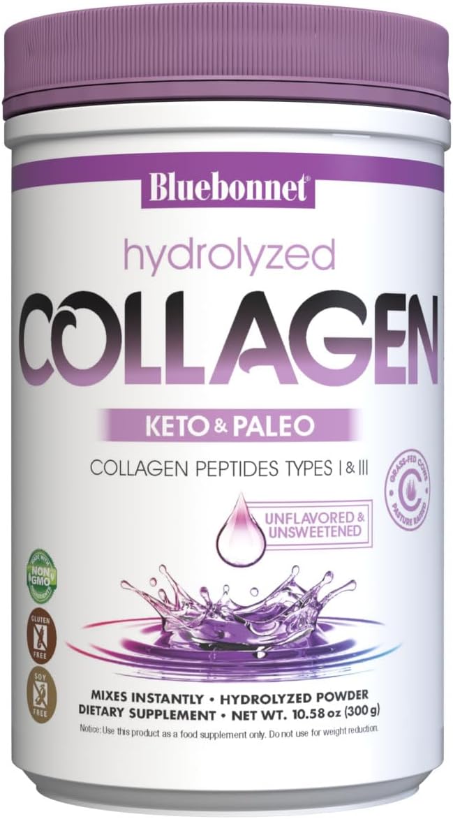 BlueBonnet Nutrition Hydrolyzed Collagen Powder, Supports Hair, Skin, and Nails*, Soy-Free, Gluten-Free, Non-GMO, Grass-fed Cows, Pasture Raised, 10.58 oz, 25 Servings, Unflavored, Unsweetened