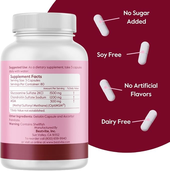 BESTVITE Glucosamine Chondroitin MSM 500/400/100 per Capsule (240 Capsules) with Patented OptiMSM - Maximum Strength Formula for Joint Support - No Stearates - Gluten Free - Non GMO