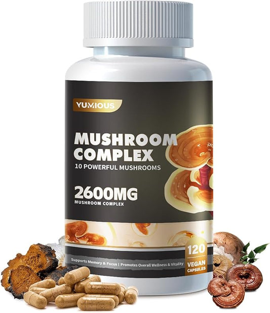 Mushroom Complex Supplement 2600mg, 120 Capsules - 10 Mushrooms Blend - Reishi, lions mane supplement capsules,Lions Mane, Cordyceps, Chaga, Turkey Tail, Maitake, Shiitake, Oyster Nootropic Complex