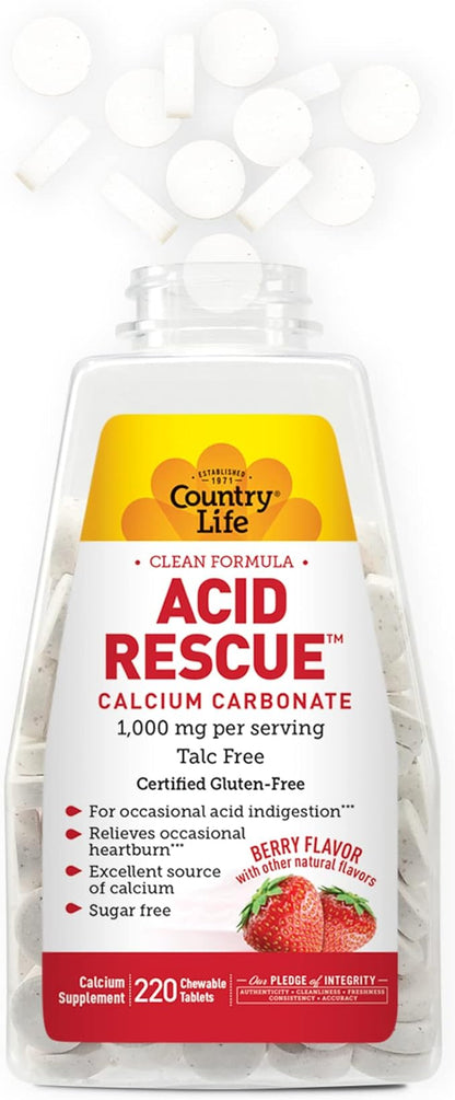 Country Life Acid Rescue Chewable Tablets - Certified Vegan & Gluten-Free Heartburn Relief, 400mg Calcium & Magnesium, Non-GMO, Sugar-Free Berry Flavor, Supports Bone Health, 220 Count