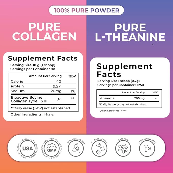 ZENSE Body & Brain Bundle Pure Collagen Powder (500gm) L-theanine Pure Powder (1,250servings) Natural, Free additive, Sugar Free, Soy Free, Filler Free, Tasteless & Odorless