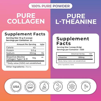 ZENSE Body & Brain Bundle Pure Collagen Powder (500gm) L-theanine Pure Powder (1,250servings) Natural, Free additive, Sugar Free, Soy Free, Filler Free, Tasteless & Odorless
