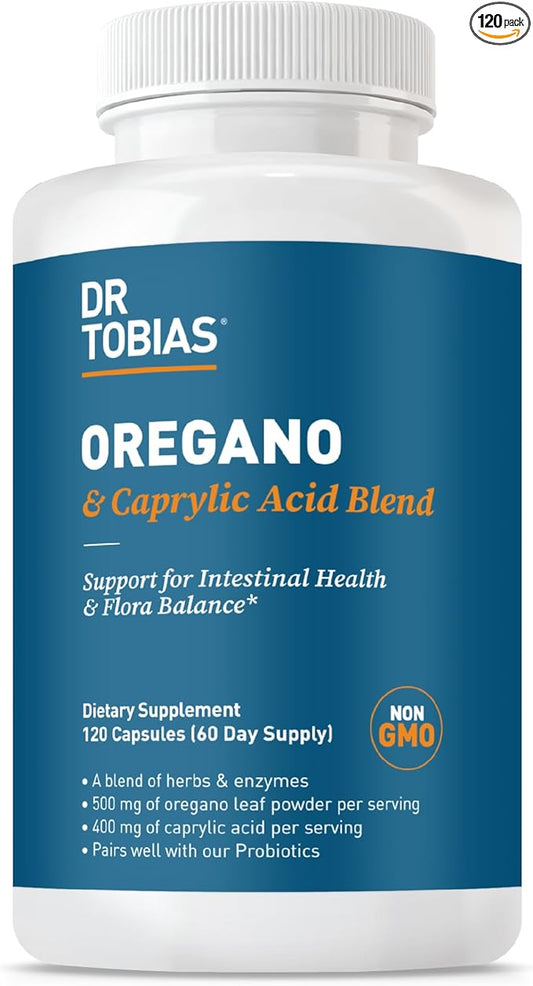 Dr. Tobias Oregano and Caprylic Acid Blend, Gut Flora Balance Complex with Probiotics & Enzymes for Intestinal and Immune Support, Gut Health Supplements for Women & Men, 120 Capsules, 60 Servings