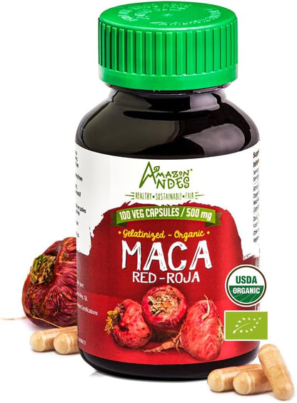 Amazon Andes Red maca Root Capsules - Female Health Supplement - Natural Energizer - USDA NOP Certified - Genitalized, Non GMO & Gluten Free - 100 Vegan Pills (1500mg per Serving) - Made in Peru