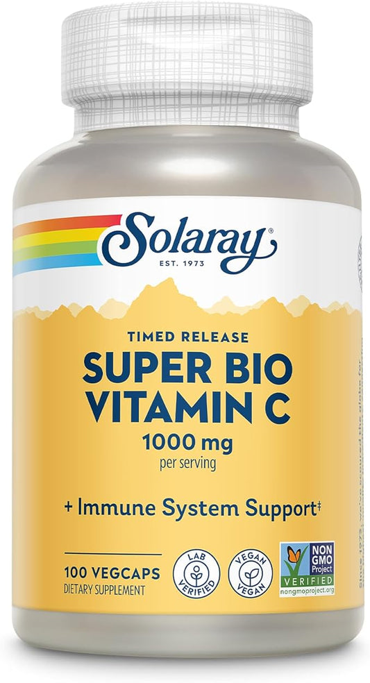 SOLARAY Super Bio Buffered Vitamin C 1000mg, Two-Stage, Timed Release Vitamin C with Bioflavonoids, Immune Support Supplement - High Absorption, Vegan, 60 Day Guarantee, 50 Servings, 100 VegCaps